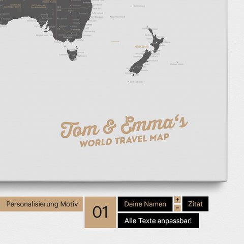 Weltkarte als Pinnwand Leinwand in Light Gray mit Personalisierung und Eindruck von deinen Namen