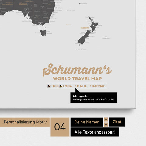 Pinnwand Leinwand einer Weltkarte in Light Gray mit Personalisierung als Logo mit Familiennamen und Legende