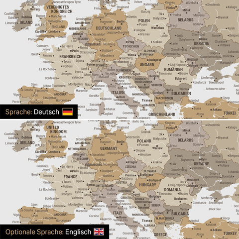 Vergleich einer Weltkarte Leinwand in Multicolor Beige in deutscher oder optional in englischer Sprache