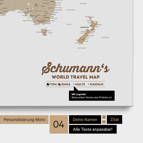 Pinnwand Leinwand einer Weltkarte in Multicolor Beige mit Personalisierung als Logo mit Familiennamen und Legende