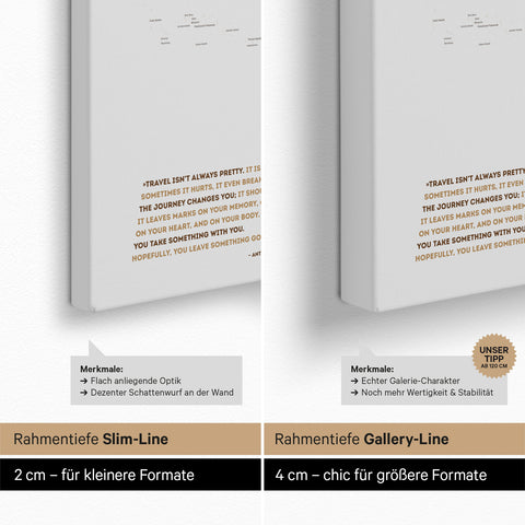 Weltkarte als Pinn-Leinwand mit einer Keilrahmen-Tiefe von 2 cm oder 4 cm