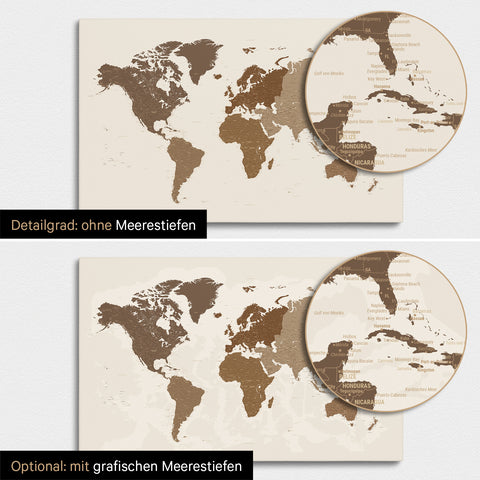 Weltkarte in Multicolor Brown mit zweidimensionalen Meerestiefen