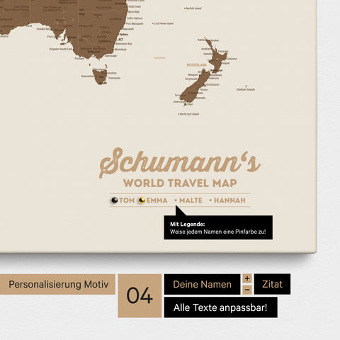 Pinnwand Leinwand einer Weltkarte in Multicolor Brown mit Personalisierung als Logo mit Familiennamen und Legende
