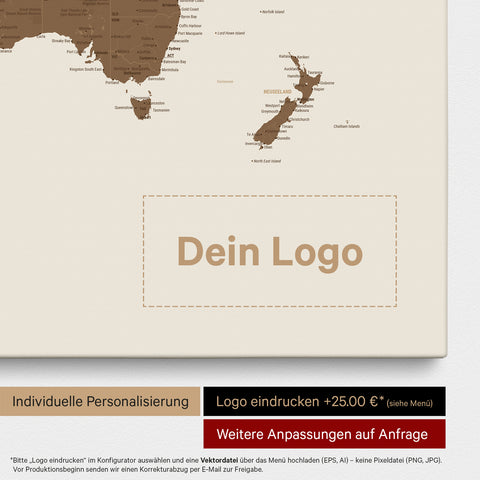 Weltkarte als Pinn-Leinwand in Multicolor Brown, auf die ein Firmenlogo eingedruckt werden kann und weitere Individualisierungen als Sonderanfertigung vorgenommen werden können