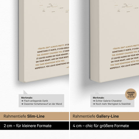 Weltkarte als Pinn-Leinwand mit einer Keilrahmen-Tiefe von 2 cm oder 4 cm