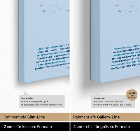 Weltkarte als Pinn-Leinwand mit einer Keilrahmen-Tiefe von 2 cm oder 4 cm