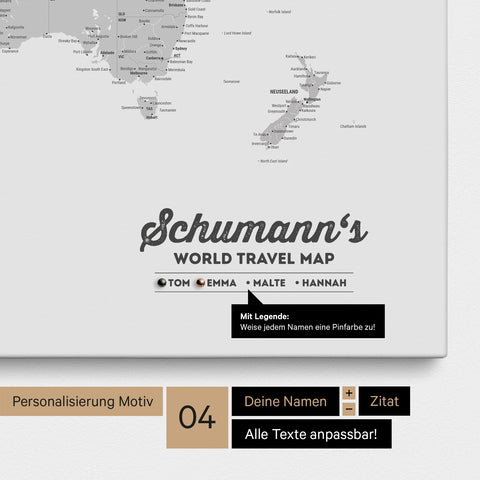 Pinnwand Leinwand einer Weltkarte in Multicolor Grau mit Personalisierung als Logo mit Familiennamen und Legende