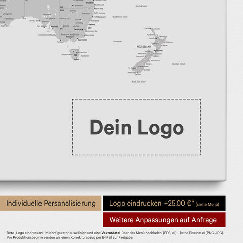 Weltkarte als Pinn-Leinwand in Oliv-Grün, auf die ein Firmenlogo eingedruckt werden kann und weitere Individualisierungen als Sonderanfertigung vorgenommen werden können