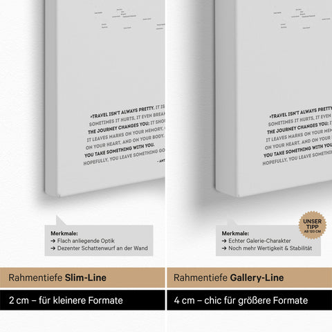 Weltkarte als Pinn-Leinwand mit einer Keilrahmen-Tiefe von 2 cm oder 4 cm