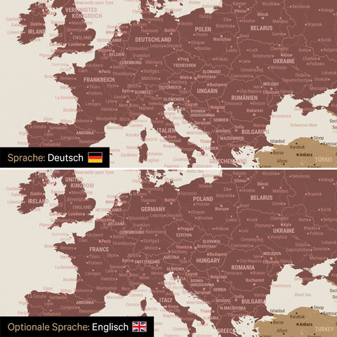 Vergleich einer Weltkarte Leinwand in Multicolor Matt in deutscher oder optional in englischer Sprache