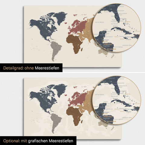 Weltkarte in Multicolor Matt mit zweidimensionalen Meerestiefen