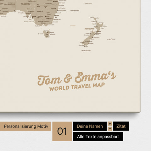 Weltkarte als Pinnwand Leinwand in Multicolor Matt mit Personalisierung und Eindruck von deinen Namen