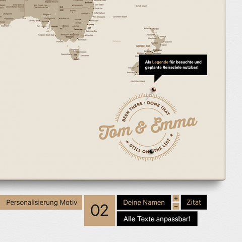 Personalisierte Weltkarte als Pinnwand Leinwand in Multicolor Matt mit eingedruckten Namen und einer Legende zur Markierung von besuchten Orten