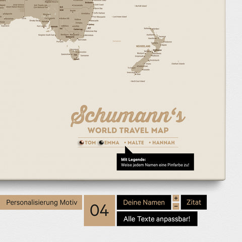 Pinnwand Leinwand einer Weltkarte in Multicolor Matt mit Personalisierung als Logo mit Familiennamen und Legende