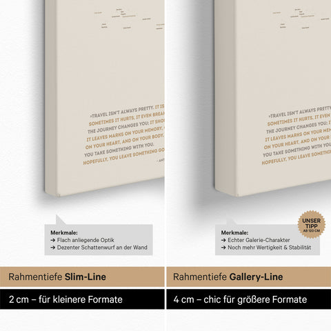 Weltkarte als Pinn-Leinwand mit einer Keilrahmen-Tiefe von 2 cm oder 4 cm