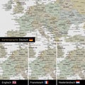 Vergelijking van een wereldkaart canvas in multicolor salie in het Duits of optioneel in het Engels, Frans of Nederlands