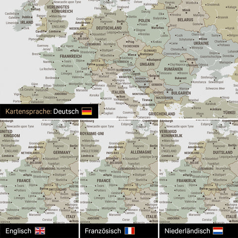 Vergelijking van een wereldkaart canvas in multicolor salie in het Duits of optioneel in het Engels, Frans of Nederlands