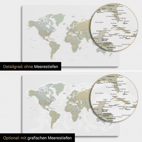 Wereldkaart in multicolor salie met tweedimensionale zeebodemdiepte