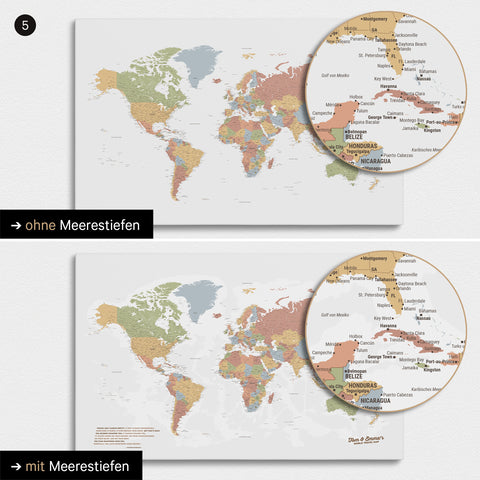 Wereldkaart in multicolor sienna met tweedimensionale zeebodemdiepte