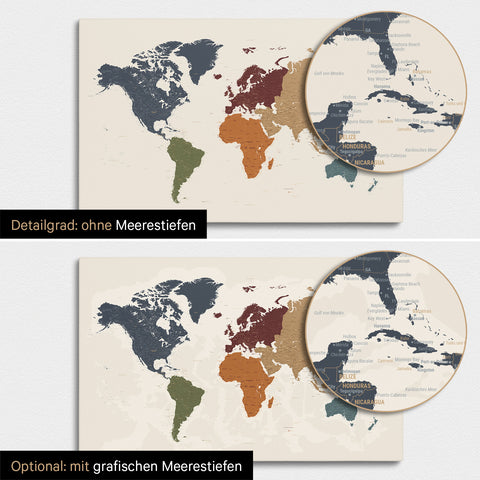 Weltkarte in Multicolor Vivid mit zweidimensionalen Meerestiefen