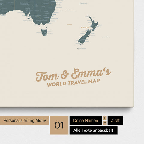 Weltkarte als Pinnwand Leinwand in Multicolor Vivid mit Personalisierung und Eindruck von deinen Namen