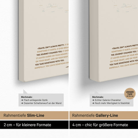 Weltkarte als Pinn-Leinwand mit einer Keilrahmen-Tiefe von 2 cm oder 4 cm