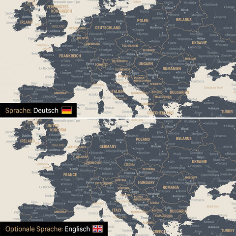 Vergleich einer Weltkarte Leinwand in Navy Light in deutscher oder optional in englischer Sprache