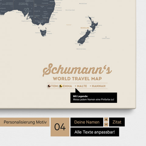 Pinnwand Leinwand einer Weltkarte in Navy Light mit Personalisierung als Logo mit Familiennamen und Legende