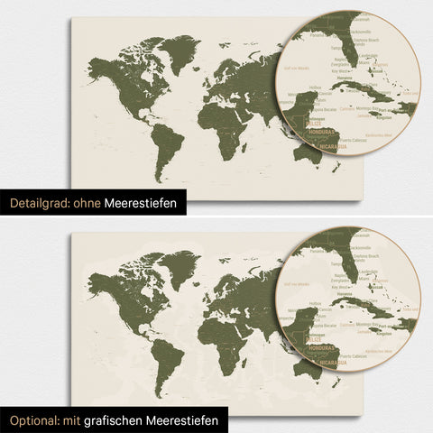 Weltkarte in Oliv-Grün mit zweidimensionalen Meerestiefen