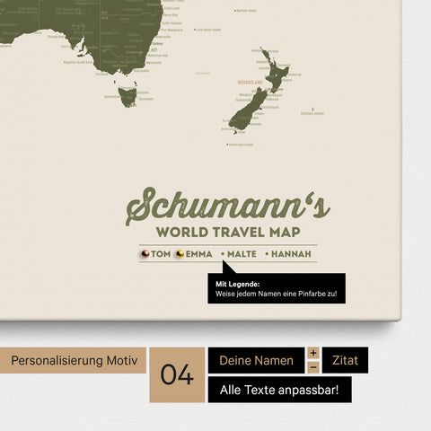 Pinnwand Leinwand einer Weltkarte in Oliv-Grün mit Personalisierung als Logo mit Familiennamen und Legende