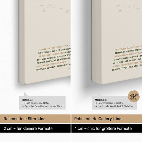 Weltkarte als Pinn-Leinwand mit einer Keilrahmen-Tiefe von 2 cm oder 4 cm