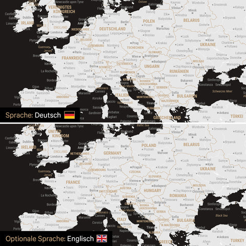Vergleich einer Weltkarte Leinwand in Schwarz-Weiß in deutscher oder optional in englischer Sprache