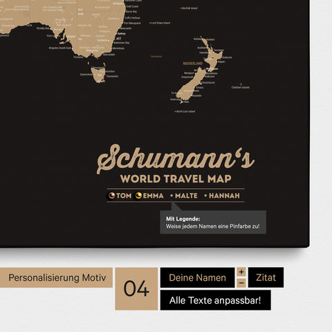 Pinnwand Leinwand einer Weltkarte in Schwarz-Weiß mit Personalisierung als Logo mit Familiennamen und Legende