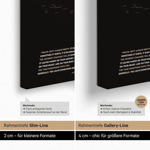 Weltkarte als Pinn-Leinwand mit einer Keilrahmen-Tiefe von 2 cm oder 4 cm