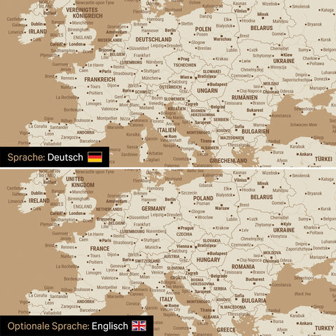 Vergleich einer Weltkarte Leinwand in Treasure Gold in deutscher oder optional in englischer Sprache