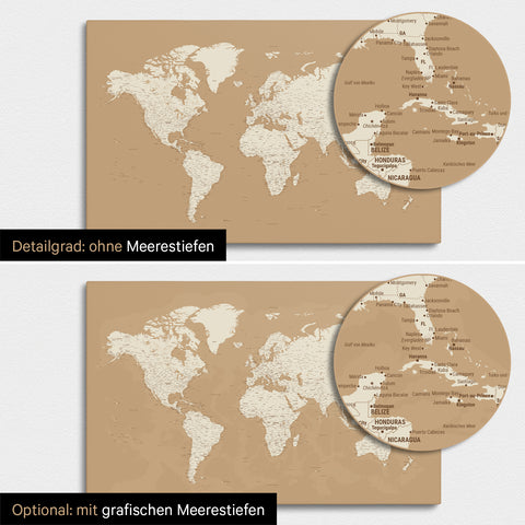 Weltkarte in Treasure Gold mit zweidimensionalen Meerestiefen
