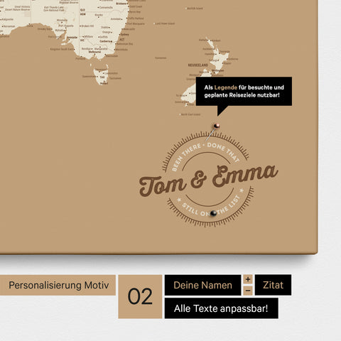Personalisierte Weltkarte als Pinnwand Leinwand in Treasure Gold mit eingedruckten Namen und einer Legende zur Markierung von besuchten Orten