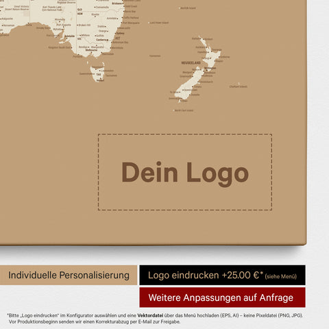 Weltkarte als Pinn-Leinwand in Treasure Gold, auf die ein Firmenlogo eingedruckt werden kann und weitere Individualisierungen als Sonderanfertigung vorgenommen werden können