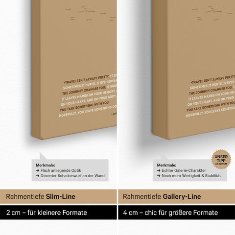 Weltkarte als Pinn-Leinwand mit einer Keilrahmen-Tiefe von 2 cm oder 4 cm