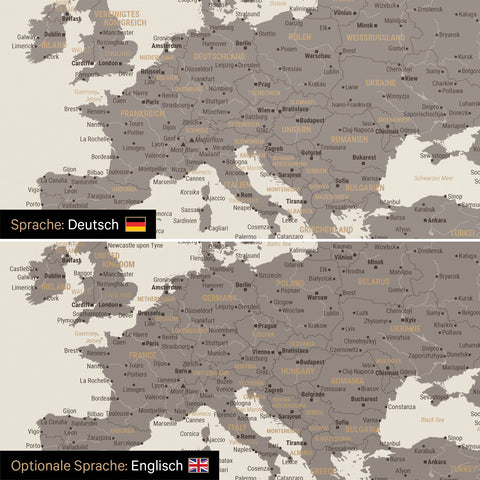 Vergleich einer Weltkarte Leinwand in Warmgray (Braun-Grau) in deutscher oder optional in englischer Sprache