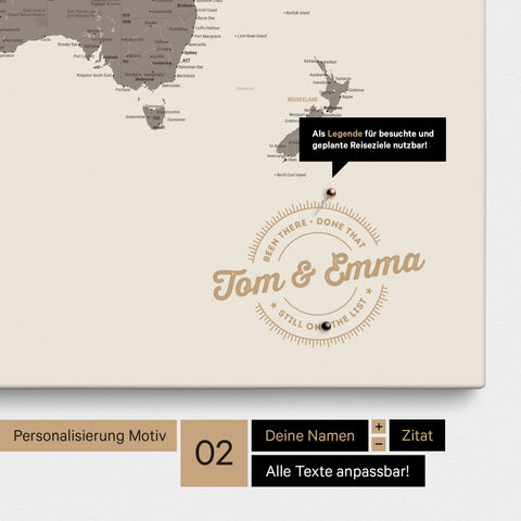 Personalisierte Weltkarte als Pinnwand Leinwand in Warmgray (Braun-Grau) mit eingedruckten Namen und einer Legende zur Markierung von besuchten Orten