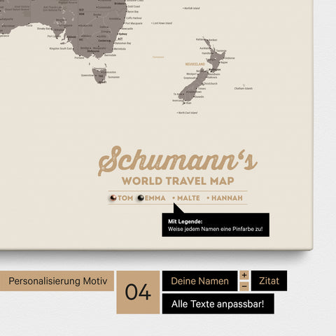 Pinnwand Leinwand einer Weltkarte in Warmgray (Braun-Grau) mit Personalisierung als Logo mit Familiennamen und Legende