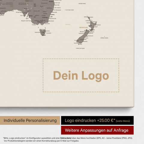 Weltkarte als Pinn-Leinwand in Warmgray (Braun-Grau), auf die ein Firmenlogo eingedruckt werden kann und weitere Individualisierungen als Sonderanfertigung vorgenommen werden können