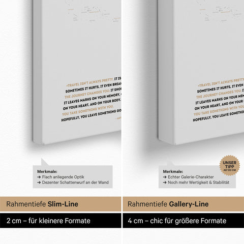 Weltkarte als Pinn-Leinwand mit einer Keilrahmen-Tiefe von 2 cm oder 4 cm