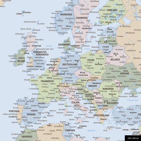 Een gedetailleerde uitsnede van een politieke wereldkaart-prikbord toont een uitsnede van Europa met alle landen en hoofdsteden.