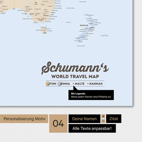 Magnetische Weltkarte in Multicolor Atlas mit Personalisierung als Logo mit Familiennamen