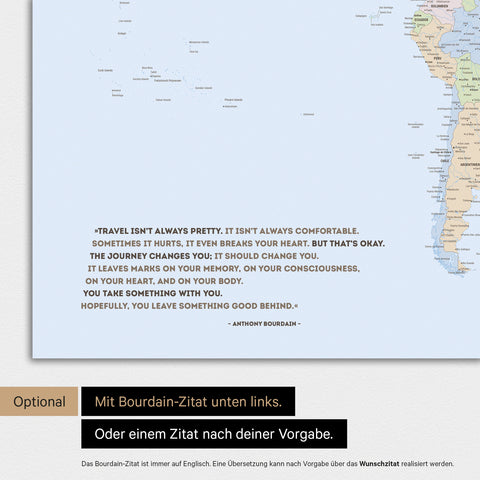 Carte politique du monde en couleur multicolore Atlas avec une citation imprimée d'Anthony Bourdain, qui peut être remplacée par une autre citation lors d'une personnalisation