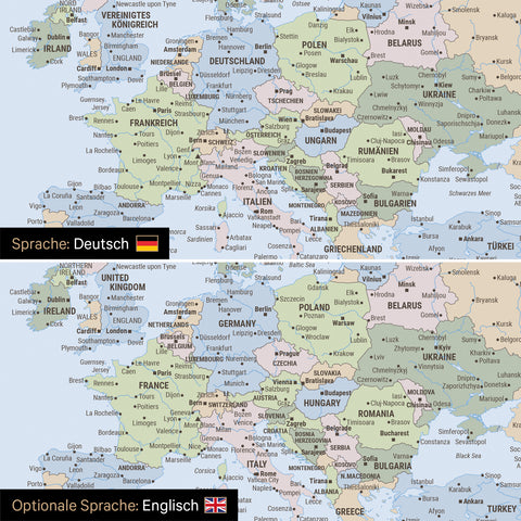 Vergleich einer politischen Weltkarte Leinwand in Multicolor Atla sin deutscher oder optional in englischer Sprache