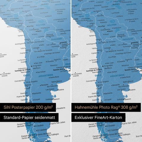 Weltkarte in Blau als Poster in den Papiersorten Sihl Posterpapier oder Hahnemühle Photo Rag