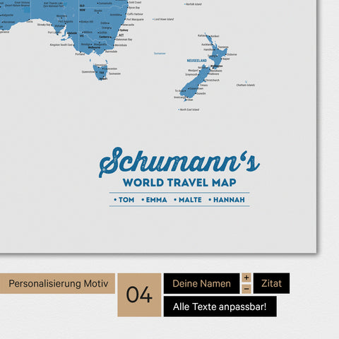 Poster Weltkarte in Blau mit Personalisierung als Familien-Logo